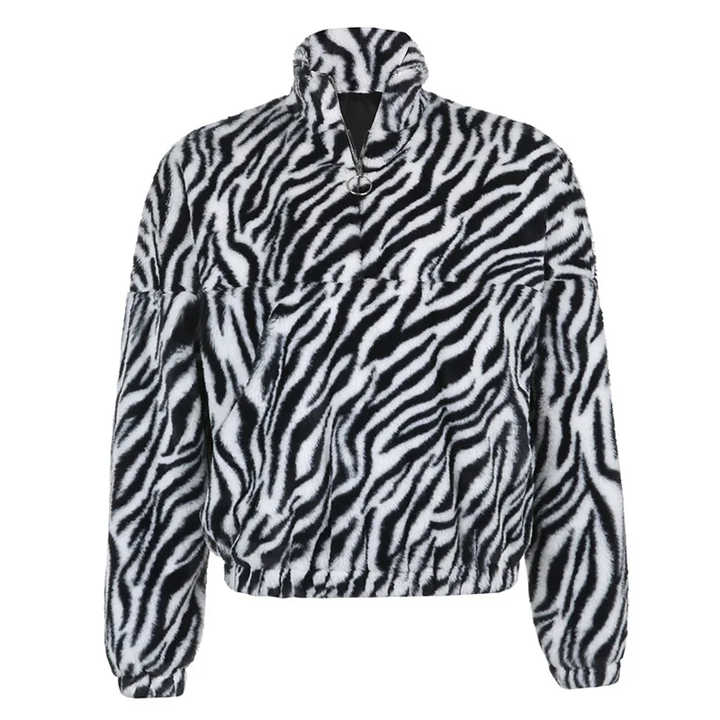 

Fluffy Soft Striped Winter Coats Female High Quality Korean Y2K Pullover Outwear Zip Up Stand Collar Faux Fur Jackets