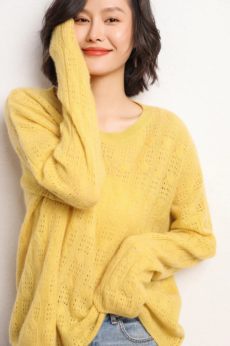 

T-neck sweater women's 20 early autumn new lazy and thin 100 cashmere sweater with hollow knitted wool backing