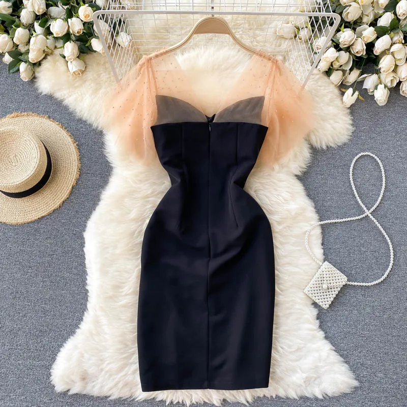 

Summer Elegant Short Sleeve See Through Mesh Patchwork V Neck Cocktail Party Dresses for Women Sexy Solid Black Office Vestidos