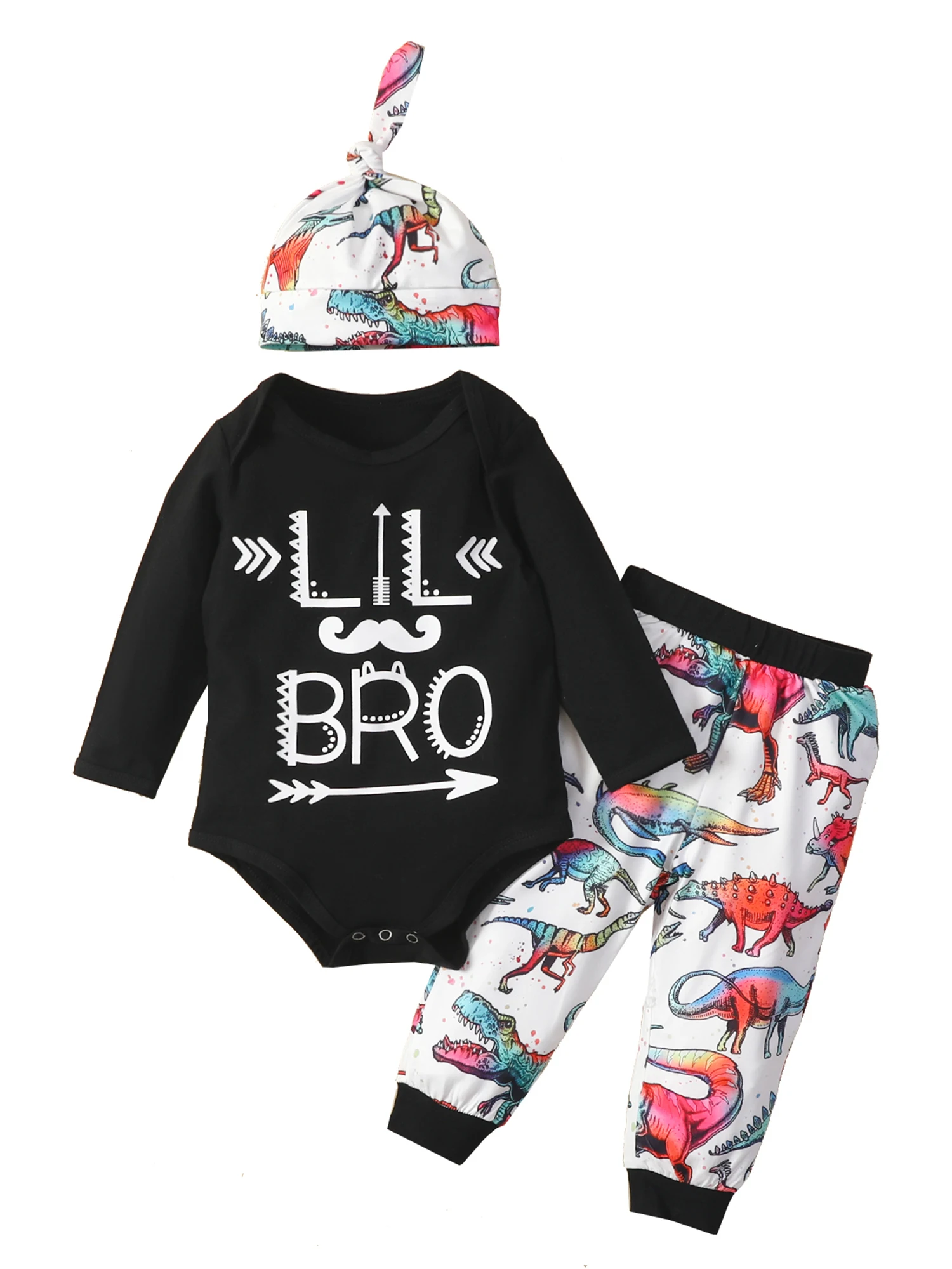 

3 Pcs Baby Boys Casual Outfits, Letter Print Long Sleeve Round Neck Playsuit + Dinosaur Pattern Trousers + Knotted Cap