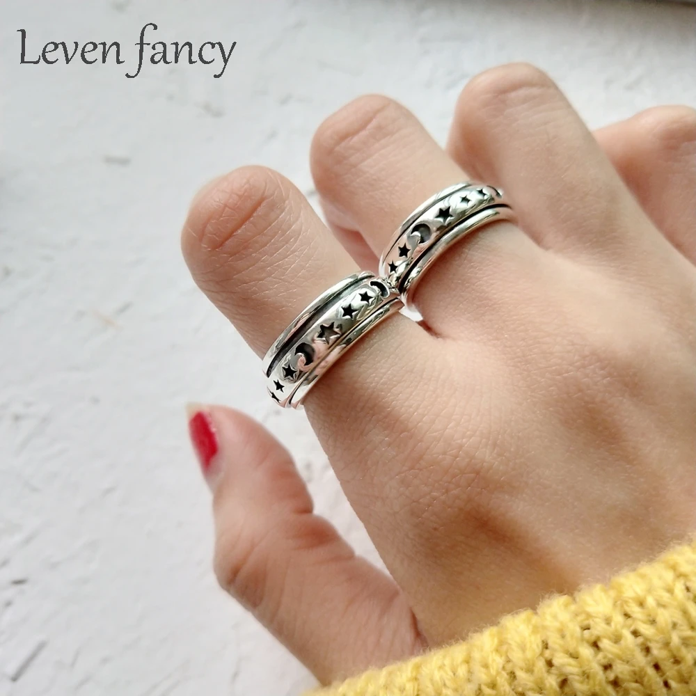 

Center Rotatable Moon Star Retro Vintage 925 Sterling Silver Jewelry Solid Pure Silver Ring for Women Party Favor Birthday Gift