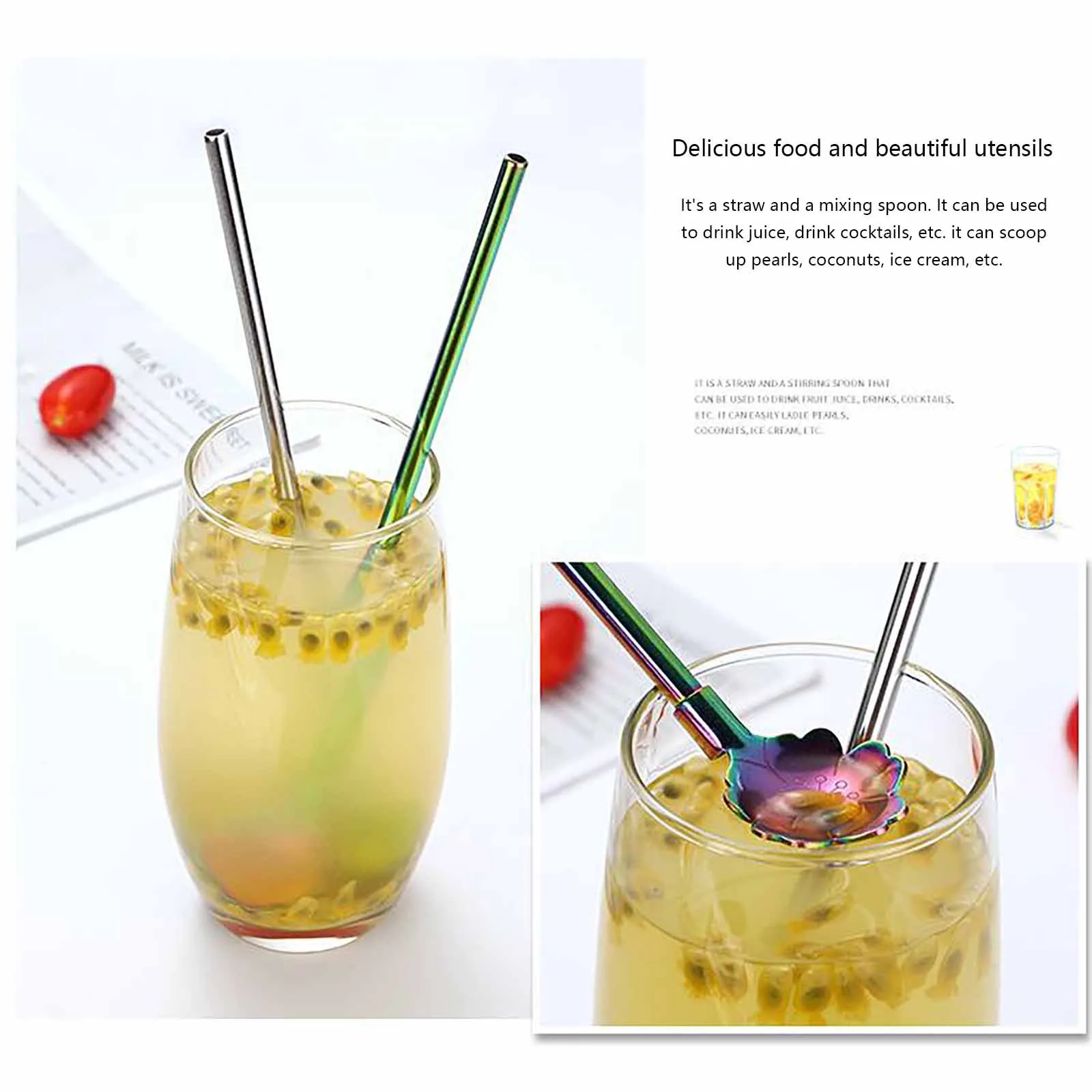 

New 2in1 Straws Stainless Steel Straw 24.5cm Spoon Flower Straw Set Straws Milk Tea Drinking Stirring Dual Straw Stainless Steel