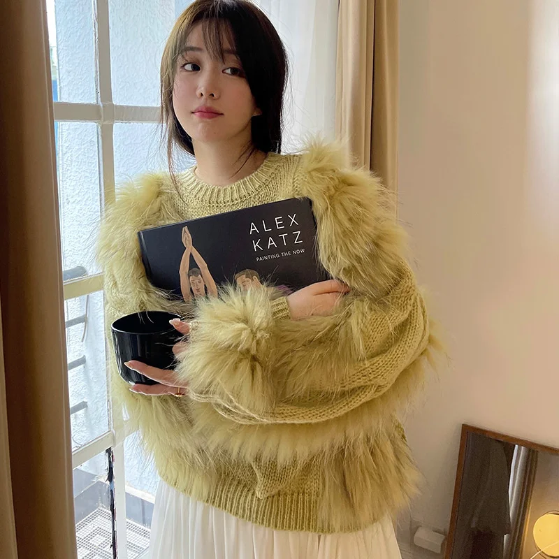 

2021 autumn winter temperament sweater women's splicing raccoon hair lazy wind loose twist Mohair Pullover Knitted Top