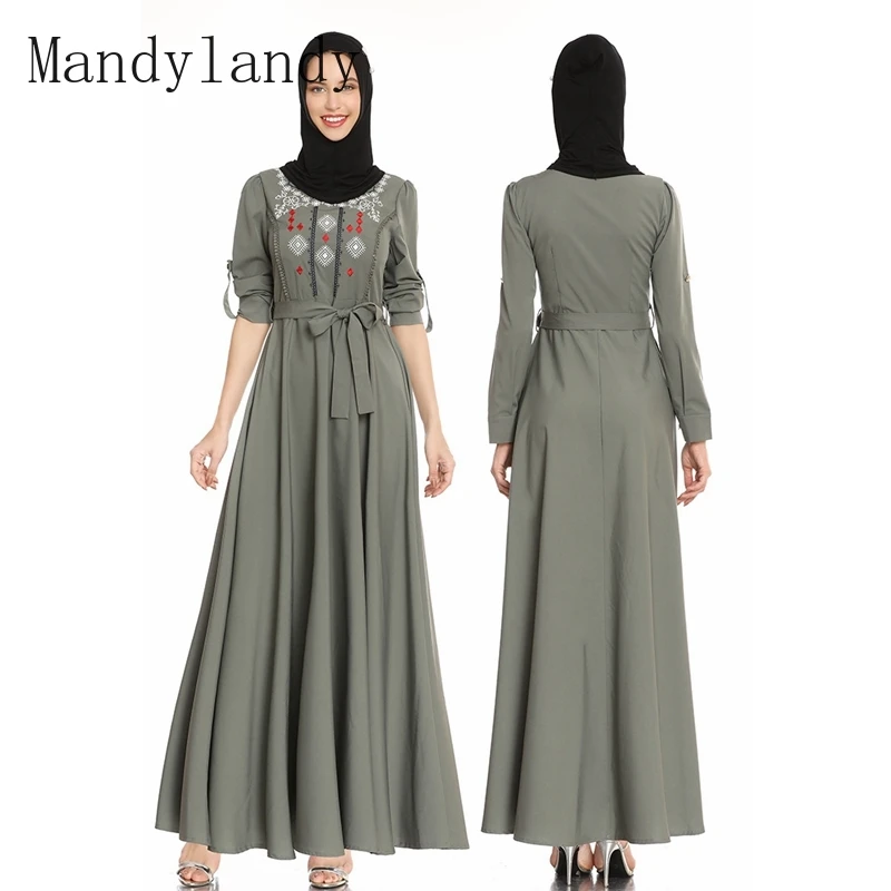 

Mandylandy Muslim Dress Women's Casual Lace Up Pleated Dress Spring Autumn Embroidery Long Sleeve O-Neck High Waist Dress Arab