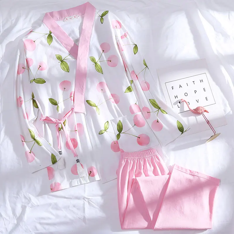 2019 осень 100% хлопок японское кимоно пижамы наборы для женщин длинный рукав с