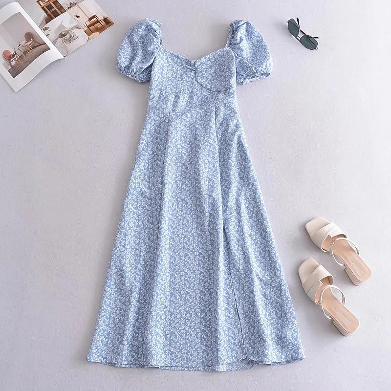 

Женское Элегантное синее плиссированное платье с квадратным вырезом, осень 2021, модные женские платья с коротким рукавом, женские повседнев...