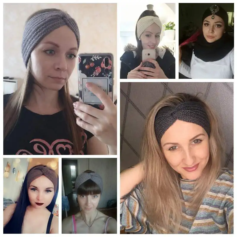 Одноцветная повязка на голову с перекрестным узлом для женщин, зимняя теплая Эластичная головная повязка для ушей, шерстяная вязаная повязка на голову для девочек, широкая повязка на голову