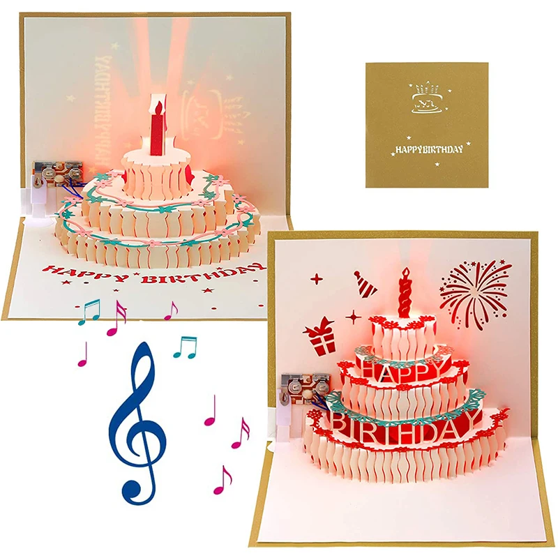Tarjeta de feliz cumpleaños para niños, esposa, marido, tarjeta de música 3D para pastel de cumpleaños, tarjetas de felicitación Pop-Up, postales, regalos con sobre