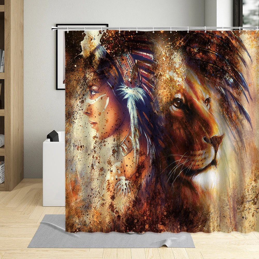 

Водонепроницаемая душевая занавеска в этническом стиле, Полиэстеровая ткань с рисунком Лев и девушек, декор для ванны, шторы с крючками для ...