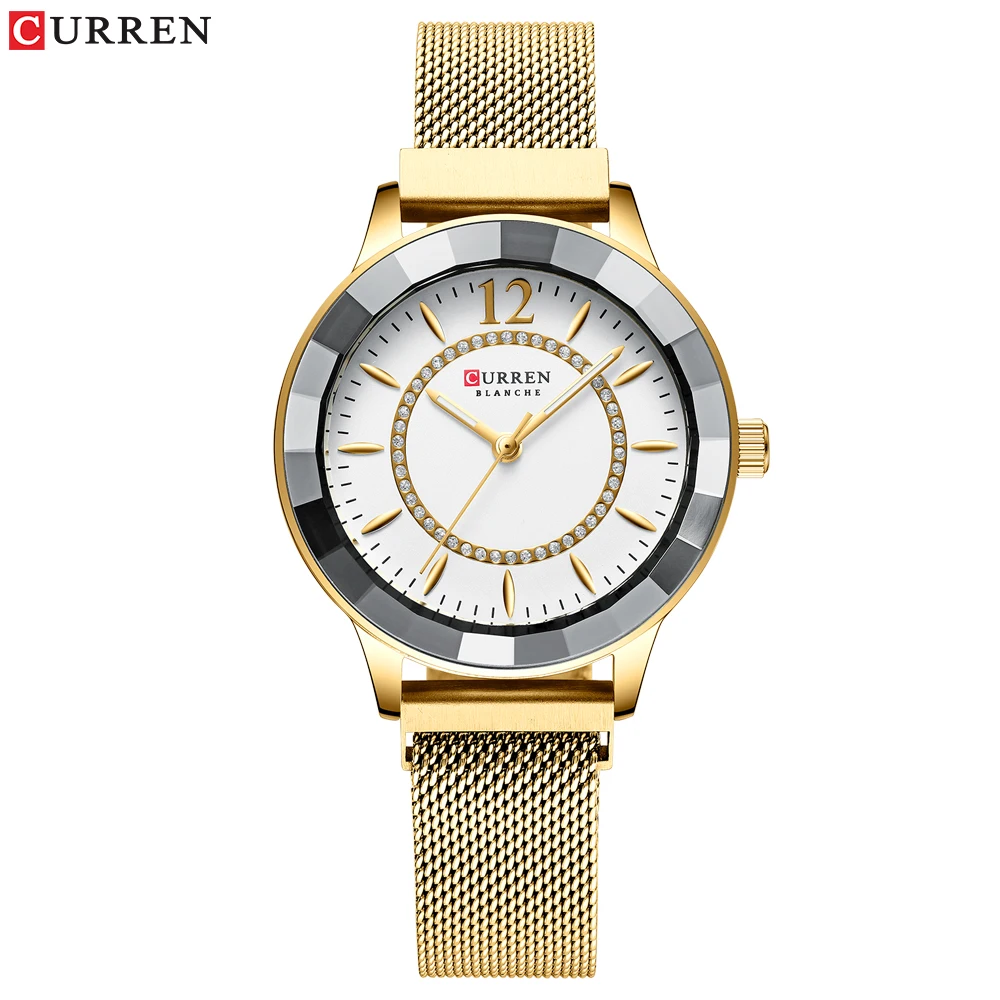 gold Curren Роскошные, брендовые Relogios Feminino кварцевые часы женские часы со стразами циферблат с ремешком из нержавеющей стали классные женские часы - Цвет: gold