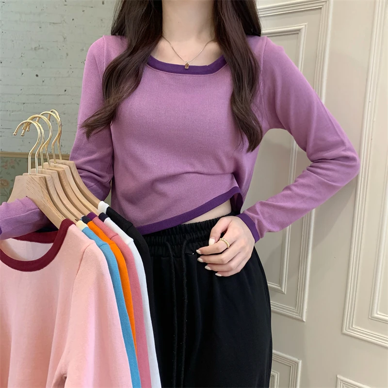 

Осенняя новая облегающая короткая Однотонная футболка с круглым вырезом и длинным рукавом