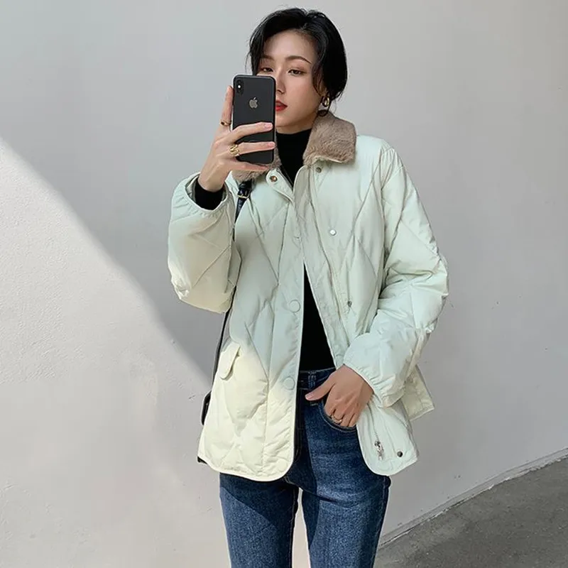 

HziriP OL 2021 New Winter Jacket Women Tops Minimalist Elegant Thick Warm Faux Fur Collar Coat Female Lapel Loose Outwear Parkas
