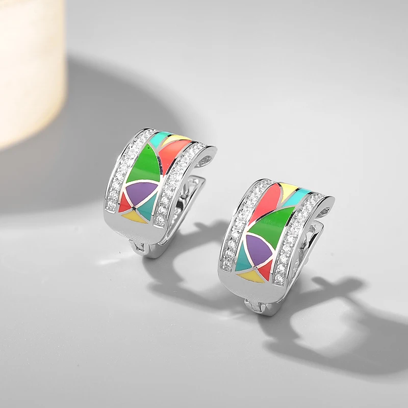 Fashion 925 Sterling Silver gorgeous creative geometric pattern DIY colourful Enamel fine Earrings Party Jewelry | Украшения и