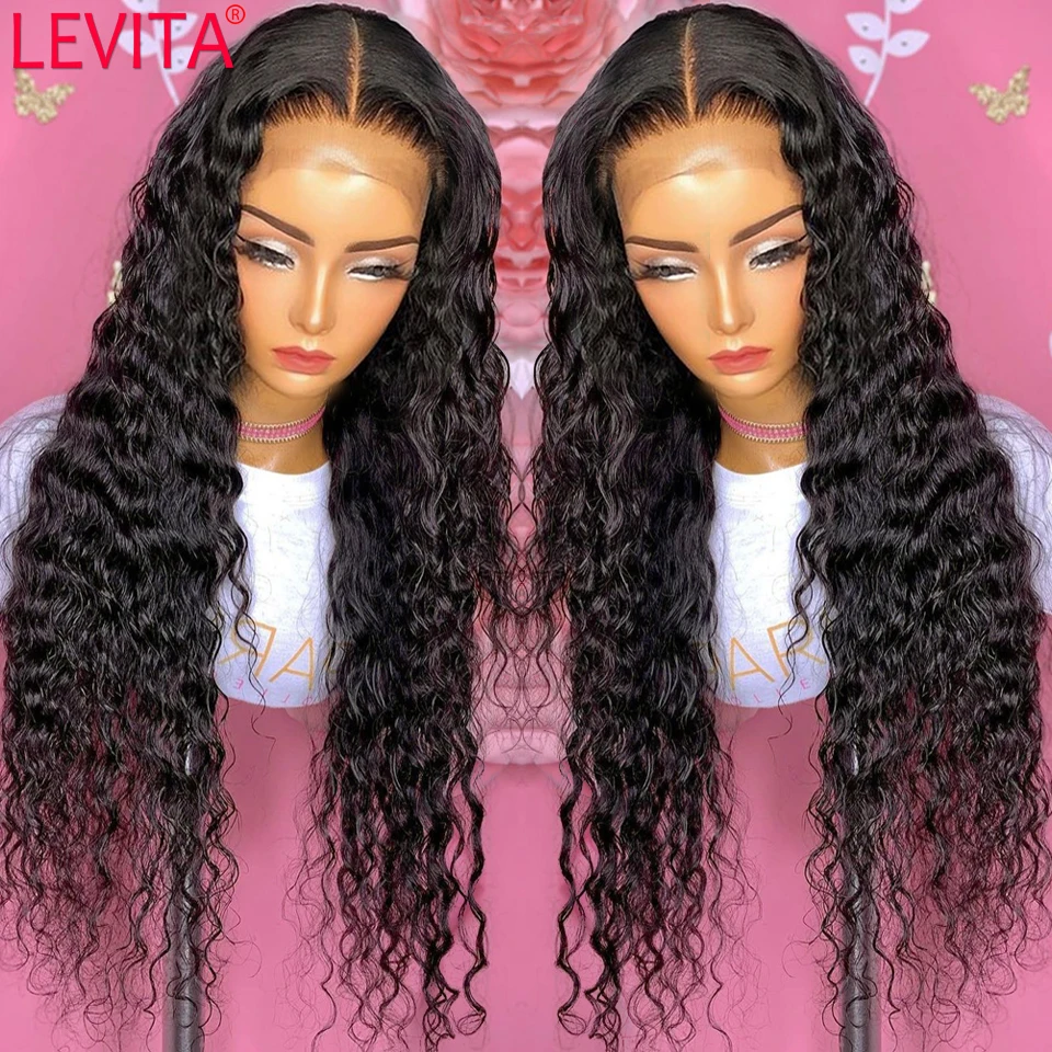 LEVITA Deep Wave Lace Frontal Wig Brazilian 30 Inch T Part Lace Front Human Hair Wigs For Women Preplucked Deep Wave Closure Wig