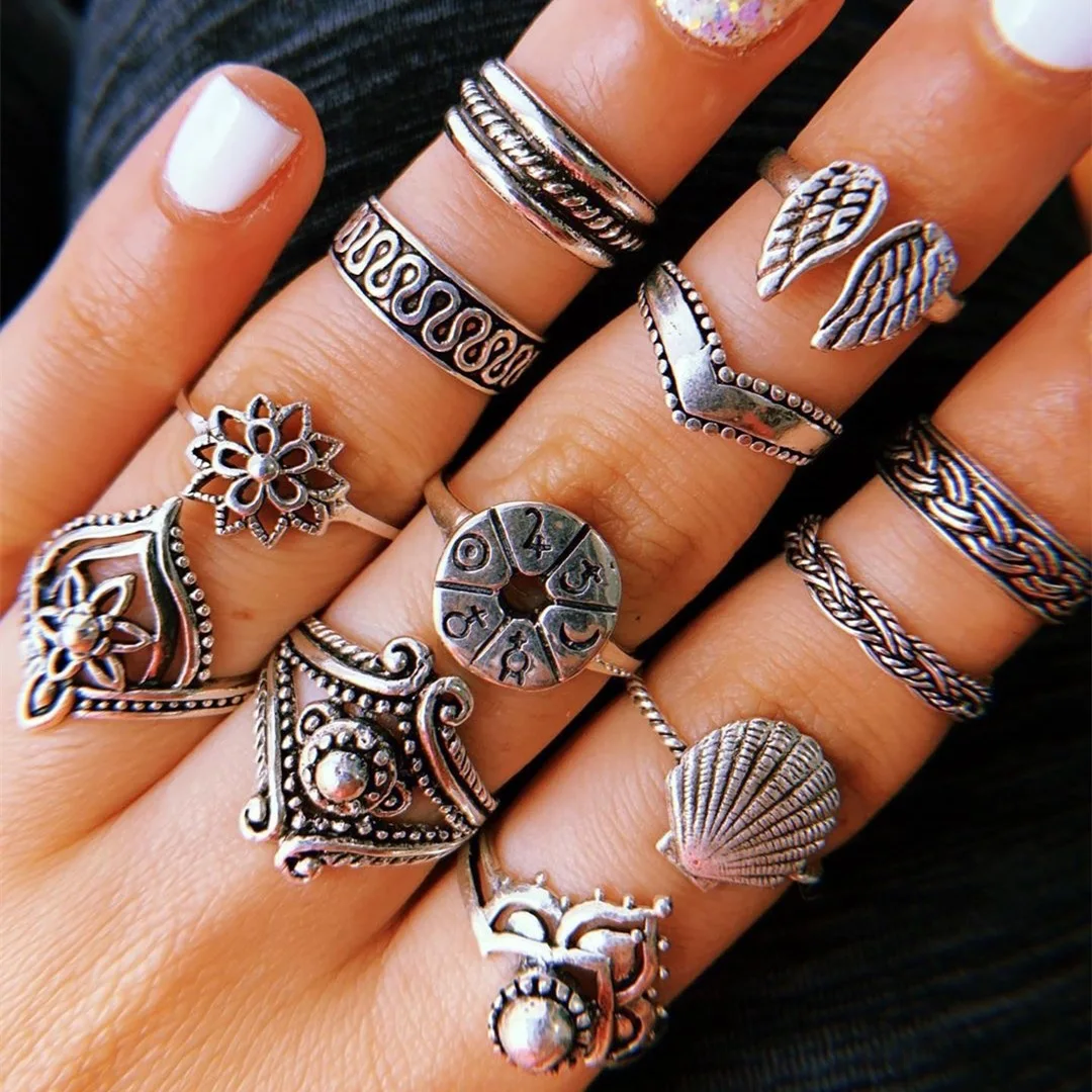 

14Pcs/Set Personality New Silver Rings For Female Gorgeous Jewelry Stainless Steel Women's Rings European And American 2021