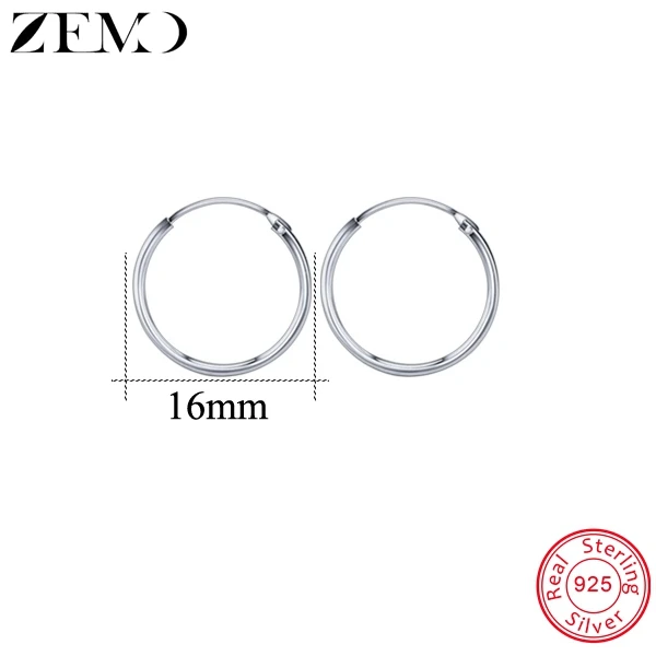 hoop earrings 16mm ZEMO, 12-25 мм, Настоящее 925 пробы, серебряные серьги-кольца для женщин, круглые серьги для пирсинга, ювелирные изделия, аксессуары для женщин - Окраска металла: hoop earrings 16mm