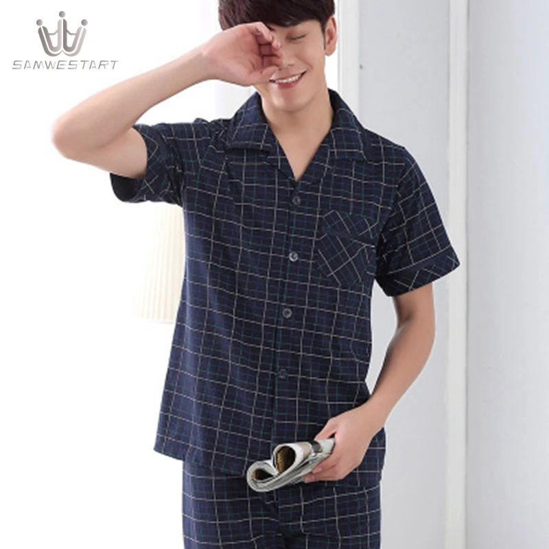 

SAMWESTART Men's Stain Silk Pajama Sets Summer Short Pants Sleeve Men Pajamas Nightwear Men Sexy Modern Cardigan Style Sleepwear