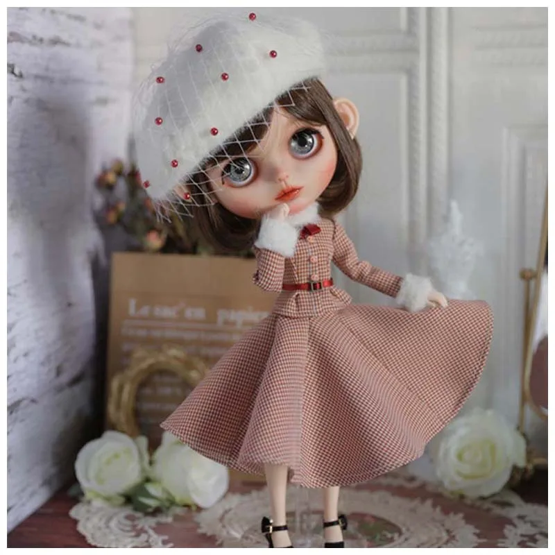 

bjd doll dress + hat for 1/3 1/4 1/6 Blyth BJD doll accessories doll clothes Grace suit hound-tooth check