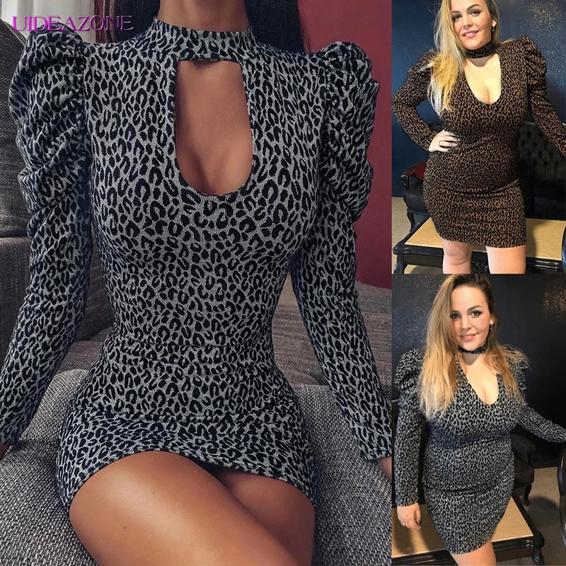 Женское мини платье с леопардовым принтом длинным пышным рукавом вырезом чокер