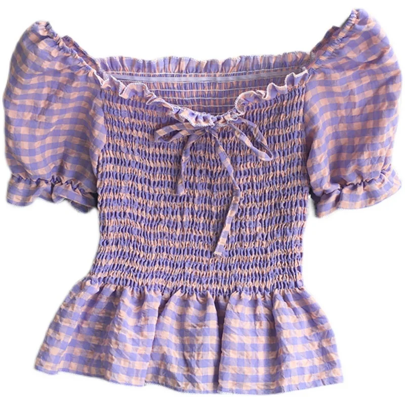 

2021 New Summer Women Sweet slash neck puff sleeve Shirt bow bandage high waist pleated Ruffles short Plaid Shirt Top