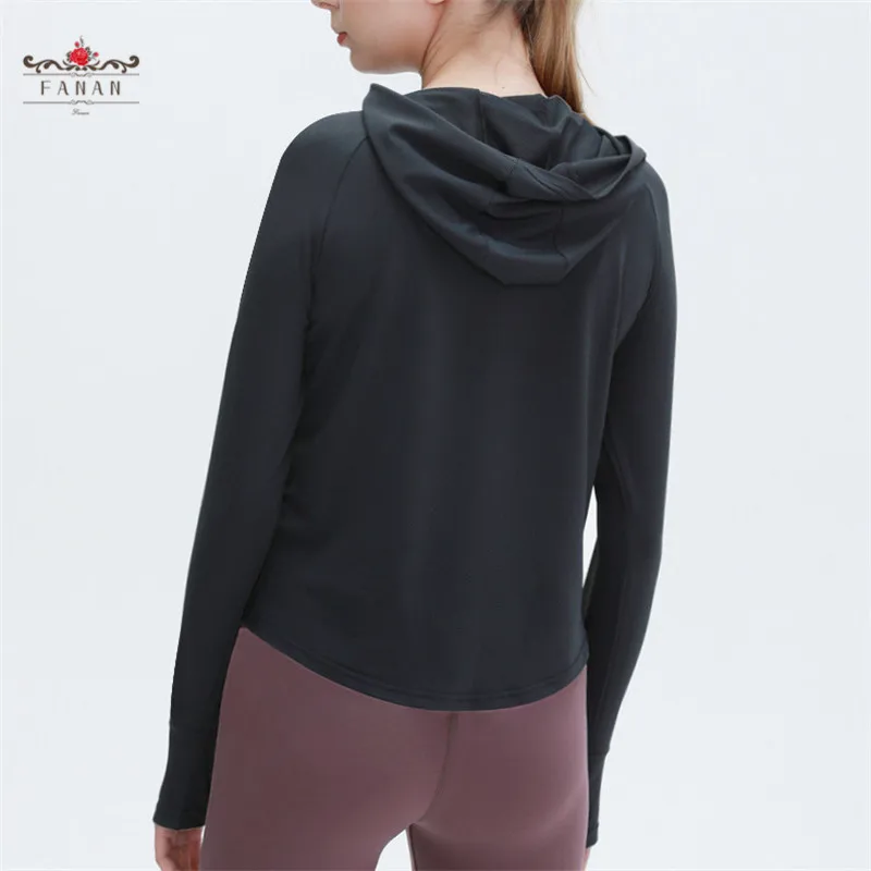 

Women Yoga Hooded Shirts Fitness Sports Long Sleeve Short Tops Loose Running Gym Shirts Breathable Female Yoga Clothing