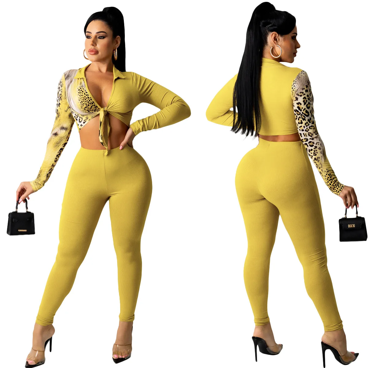 

Porpora Leopard 2 Piece Set Women Clothing New Long Sleeve Sexy Autumn Bandage Low Cut Printing Wholesale Item Pants Set 2021