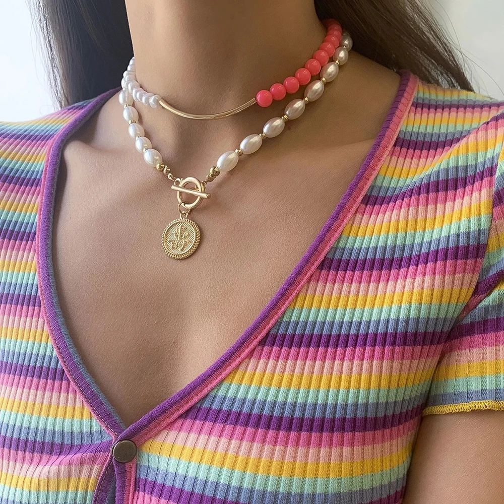

Ghidbk New Irregular Alien Pearl Double Layers Stacking Asymmetry Metal Pendant Necklaces For Women Summer Vintage Party Jewelry
