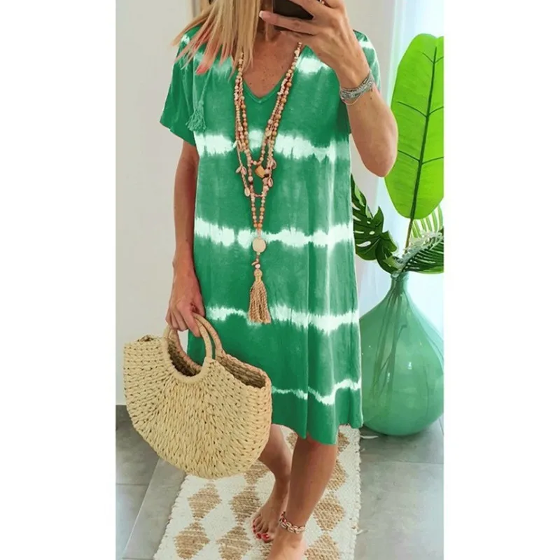 Casual Tie Dye Dress Short Sleeve Women's Print Dresses Summer V-Neck Loose Boho Sun Beach Dress Falda de las señoras images - 6