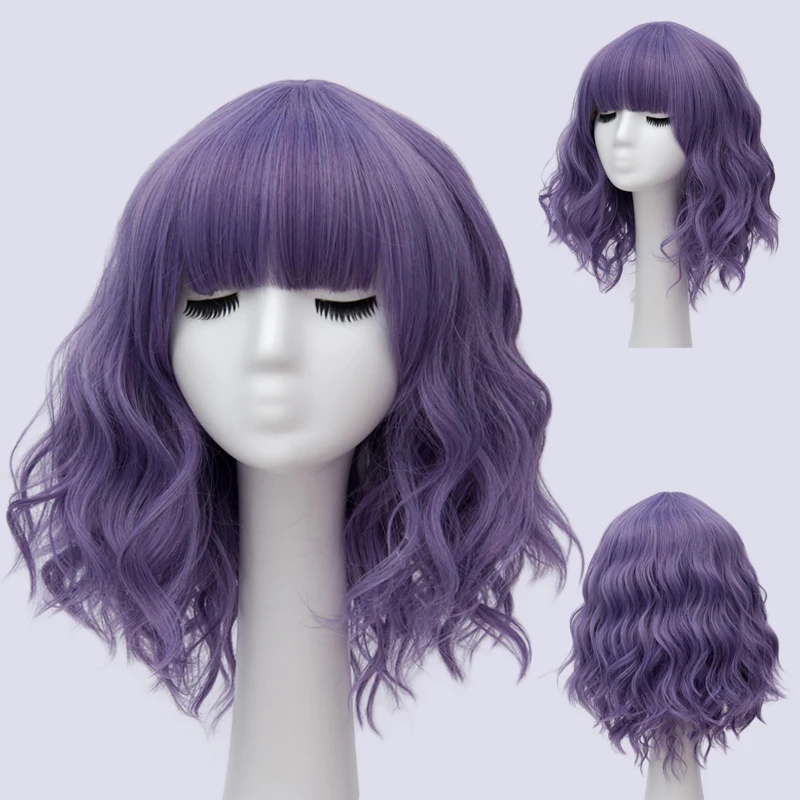 GAKA Synthetic Hair Women's Short Curly Green Purple Cosplay Wig with Bangs Heat-resistant Wig