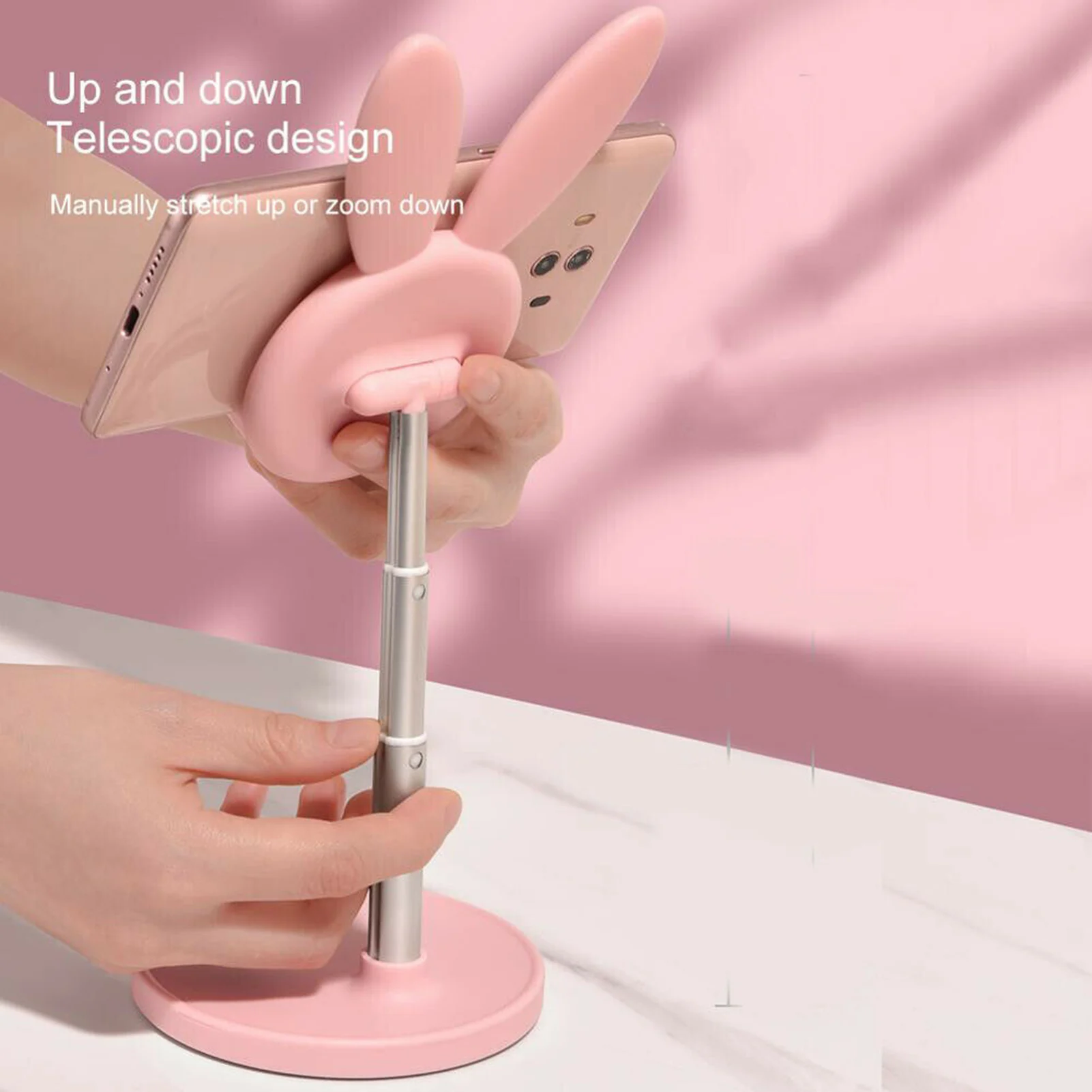 rabbit ears phone holder pink telescopic cartoon adjustable bunny ear tablet stand desktop rack pc mobile phone accessories free global shipping