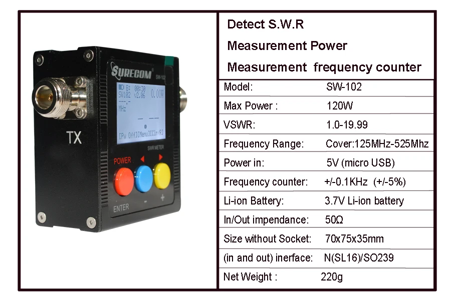 Обновленная версия SURECOM Φ Meter 125-520 Mhz VHF / UHF Power & SWR SW102 для радио Walkie Talkie счетчик