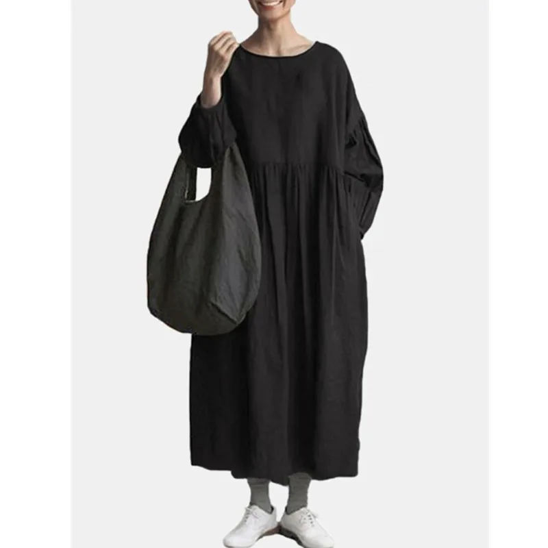 Однотонный женский сарафан винтажное платье-макси с длинным рукавом-фонариком