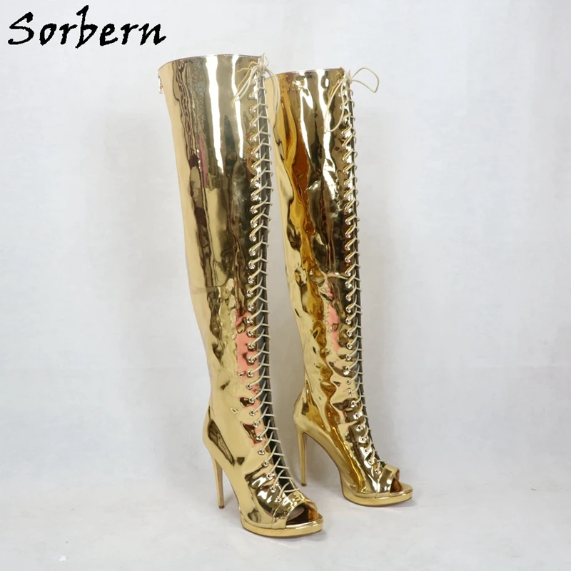 Женские сапоги до бедра Sorbern розовые с открытым носком на шнуровке размера плюс