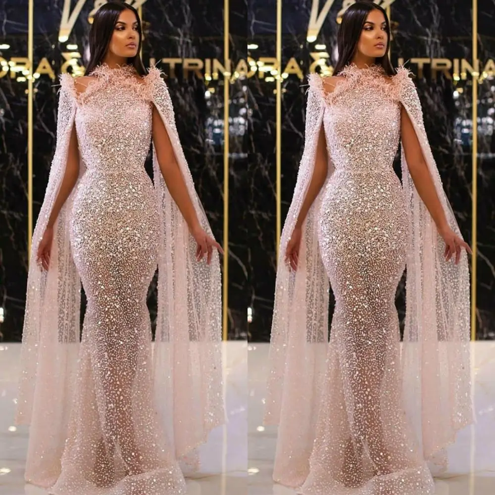 

Прозрачные платья-русалки для выпускного вечера с накидкой, блестками и перьями, вечерние платья на заказ, 2020