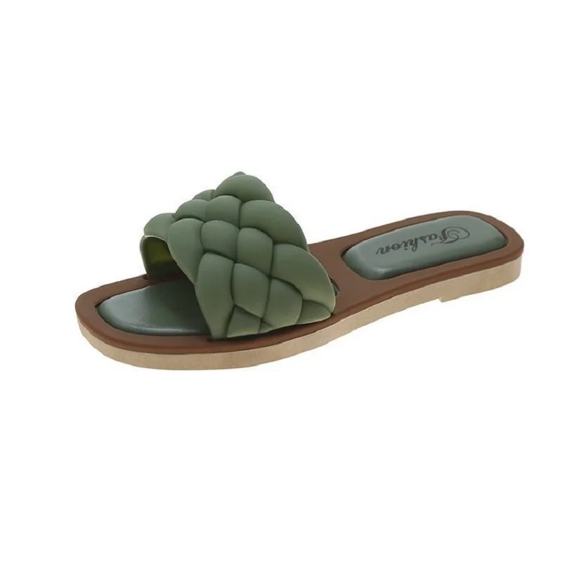 

2021 Summer Flat Slippers Women Weave Slides Sandal Ladies Mules Outdoor Beach Lady Shoes Woman Home Slippers Female Flip Flops