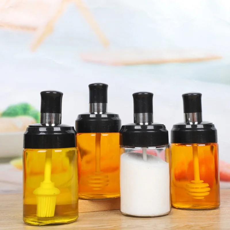 

Glass Seasoning Kitchen Spice Kit Bottles Pepper Spoon Jars Oil Brush Honey Container Food Set Storage Transparent Lid