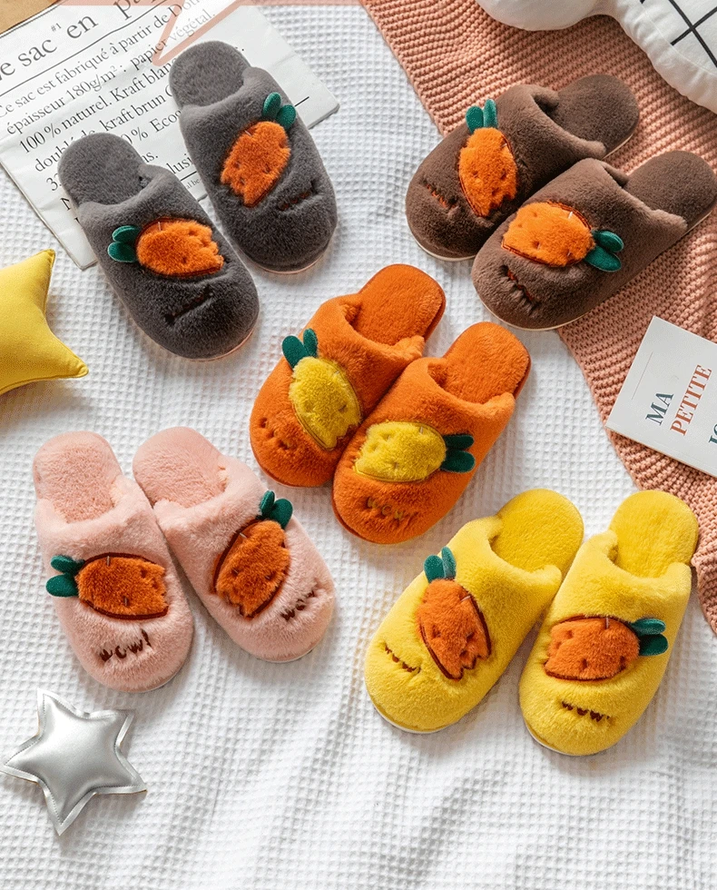

Women Plush Slippers Winter Warm Cartoon Big Carrot Soft Sole Shoes Men Couples Home Indoor Bedroom Ladies Slip On Fur Slides
