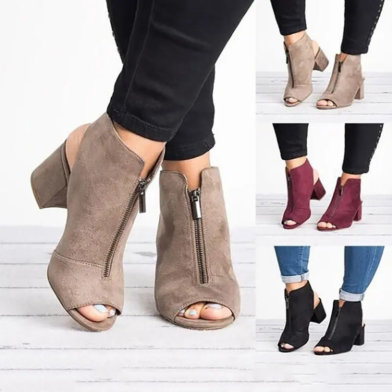 

Casual shoes woman boots 2020 fashion fish mouth heel boots women shoes plus size solid color zip ankle boots women botas mujer