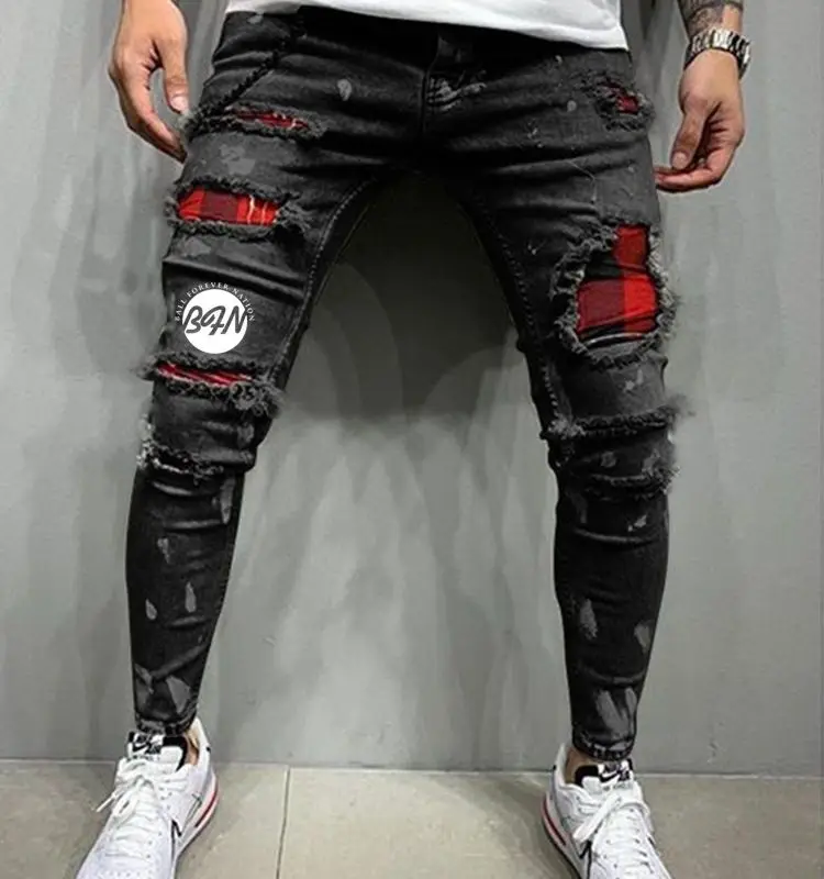 Men's Oversized Trousers With Holes In Grey Black Blue Made Old Casual Slim Fit All-Around Small Foot Jeans