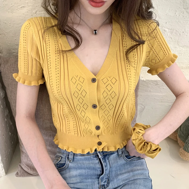 

LJSXLS летние сексуальные модные топы с V-образным вырезом, Женский однотонный топ с коротким рукавом, черный вязаный Топ с пуговицами и открыт...