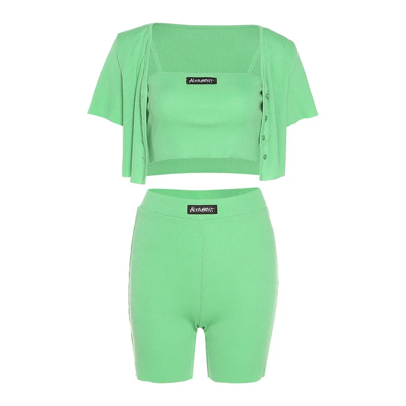 

Rainbowwaves 3 Piece Sets Women Casual Tube Top+Biker Shorts+Short Sleeves Cardigan Matching Sportswear Summer Clothes