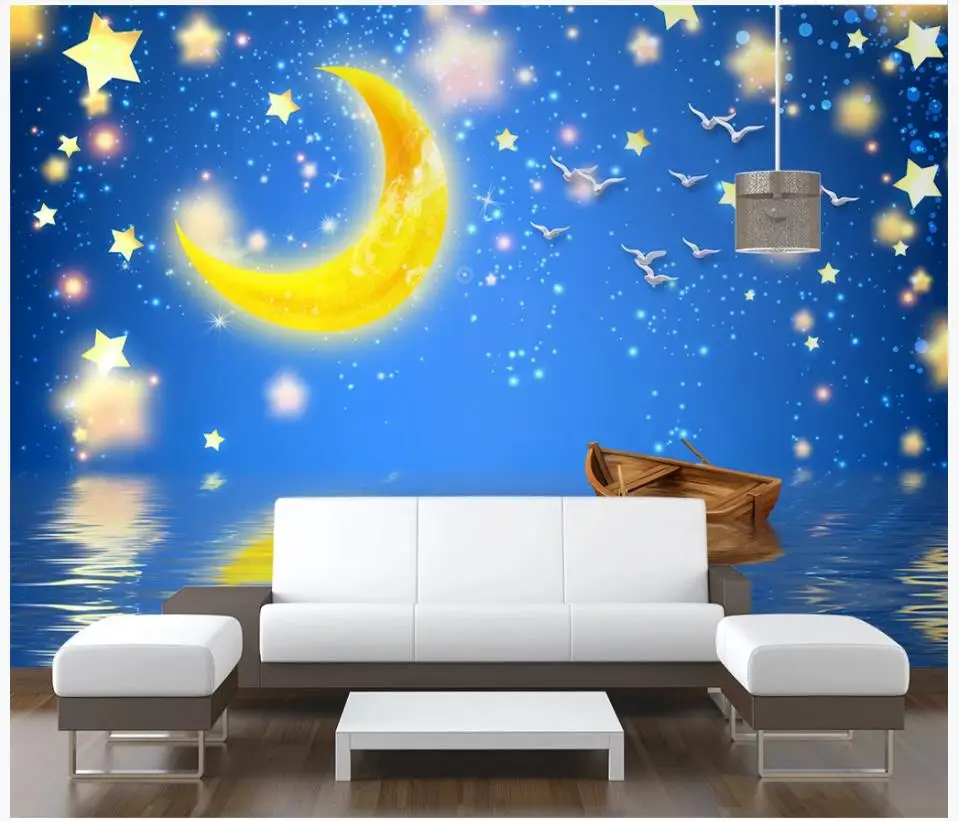 

Custom wallpaper 3d murals wallpaper for walls 3 d Hand-painted starry boat stars moon creative children's room background wall