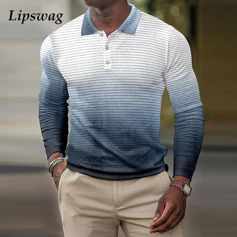 

Fashion Gradient Color Polo Shirts Male Casual Turn-down Collar Tops Pullover Autumn Long Sleeve Polo Shirt For Men Streetwear