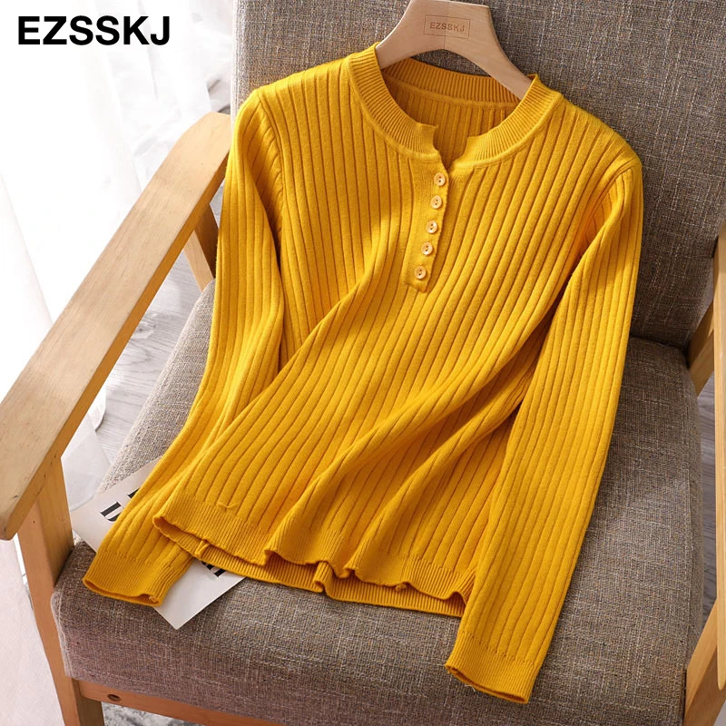 2020 autumn winter thick Sweater Pullover women long sleeve Fashion O-Neck bling Button chic knit sweater top | Женская одежда