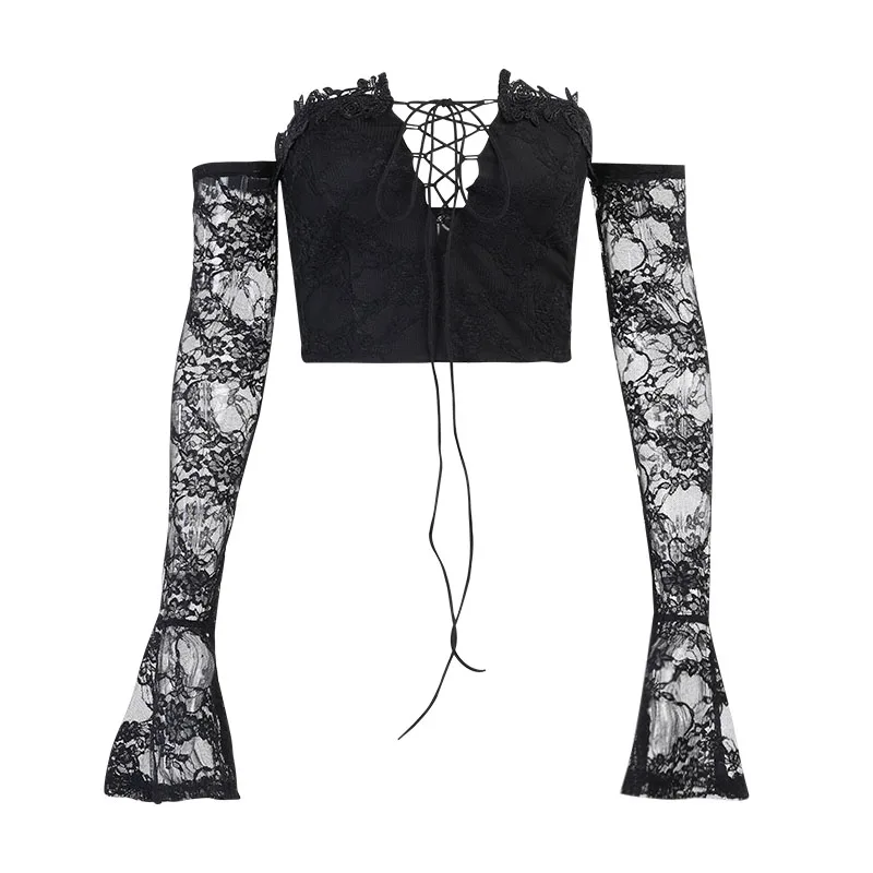 

InsGoth Vintage T-shirts Mall Goth Aesthetic Sexy Off Shoulder Lace Up T Shirt Women Backless See Through Long Sleeve Corset Top