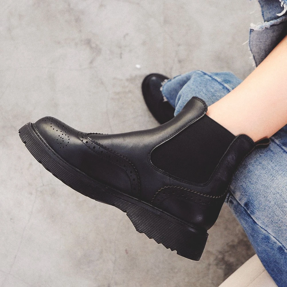 

RIBETRINI Brand New Genuine Leather Slip On Skidproof Sole Ankle Chelsea Boots Stylish Brogue Winter Shoes Boots Women