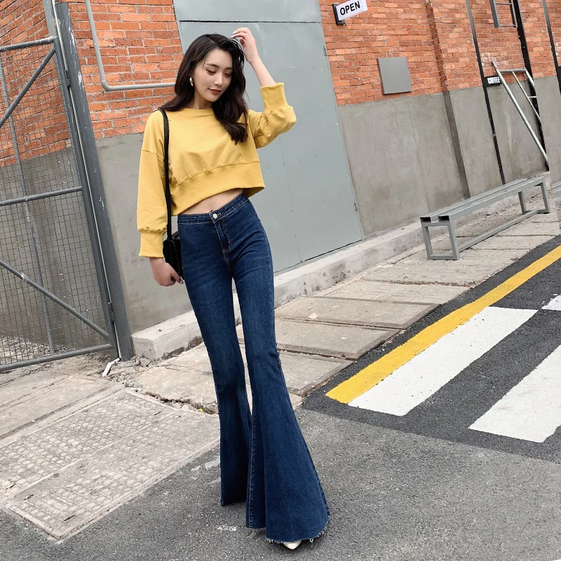 

Women Distressed Flared jeans 2021 Elastic Skinny High Waisted Pants High Street Push Up Casual Female Distressed Denim Trousers
