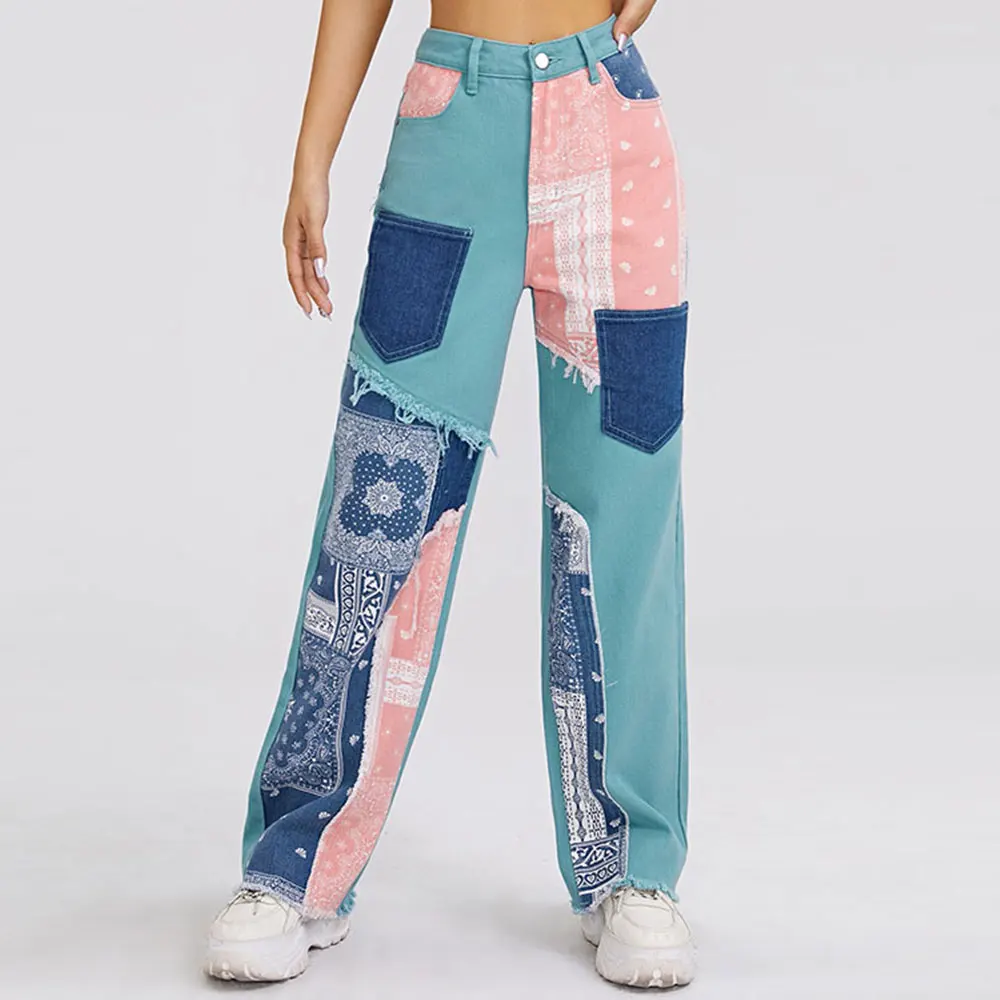

ZOTTSOZ Color Block Patchwork Bandana Paisley Distressed High Waist Denim Pants Women Streetwear Harajuku Casual Jeans Trousers