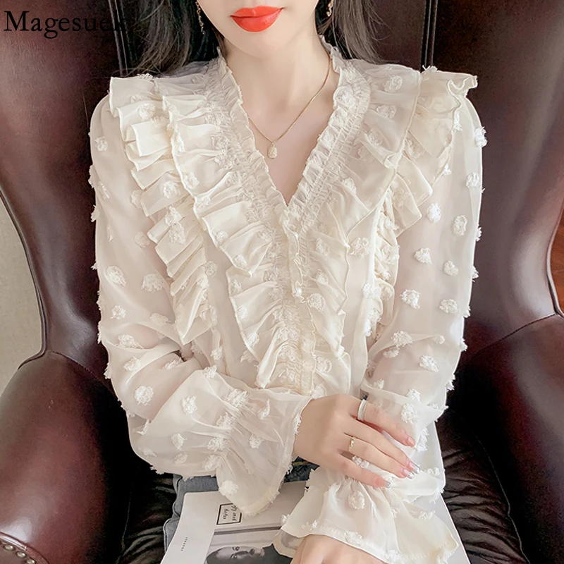 

French Women's Ruffle Blouse New 2021 Autumn Long Sleeve Elegant Chiffon Shirt V-neck Loose Lace Blouse Women Top Blusas 17199