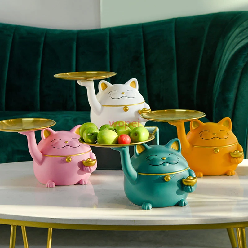 

Gilded Lucky Cat Snacks Dessert Tray Cute Animal Storage Ornaments Tabletop Fruit Trays Resin Crafts Home Decoration Modern